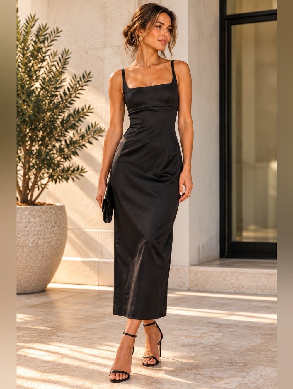 NWT STAUD Carol Black Satin Column Midi Dress Size 6
